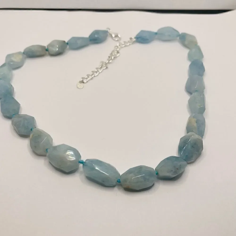 Natural aquamarine nugget choker necklace 925 sterling
